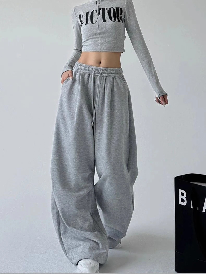 Y2K Loose Wide Leg Sweatpants Women Streetwear Baggy Oversize Gray Sports Pants Harajuku High Waist Drawstring Joggers Trousers 251029