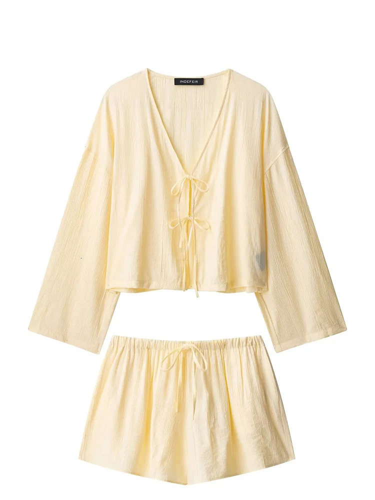 HH Fashion Women Yellow Cotton Linen Lace Up Shirt Shorts Set Vneck Lace UpHigh Waist Drawstring Pocket Shorts Suit 251029