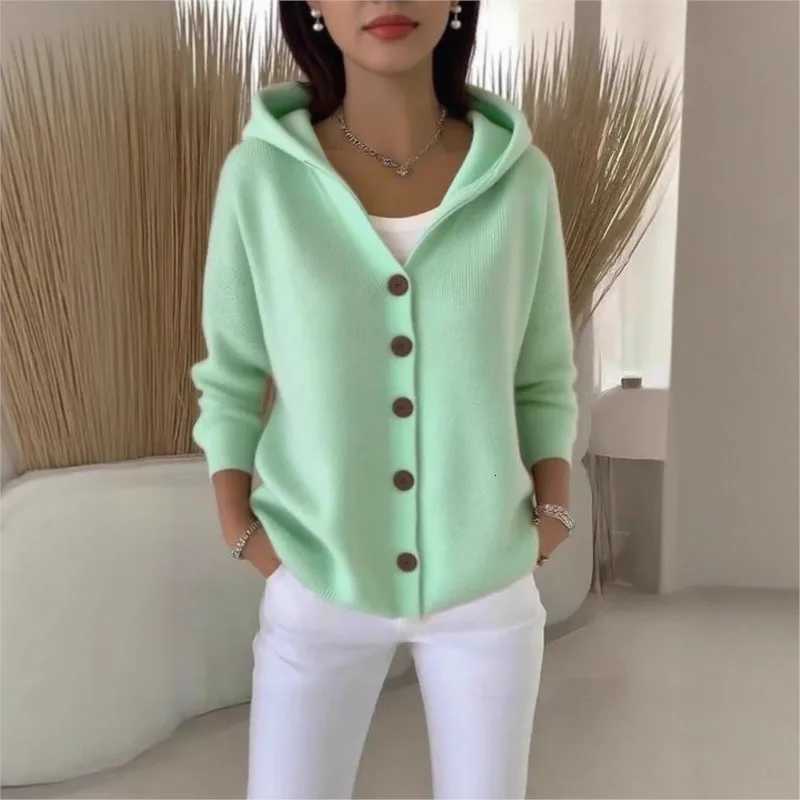Solid Color Button Knit Hooded Sweater Cardigan Jacket For Autumn Winter New Casual Fashionable Womens Clothing Pulls FemmesT251028