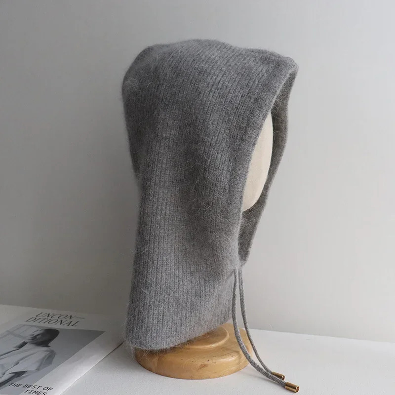 Rabbit Fur Knitted Scarf Hood Balaclava Women Cashmere Beanies Winter Unisex Warm Skiing Hat Outdoor Ear Protection Bonnet 251029
