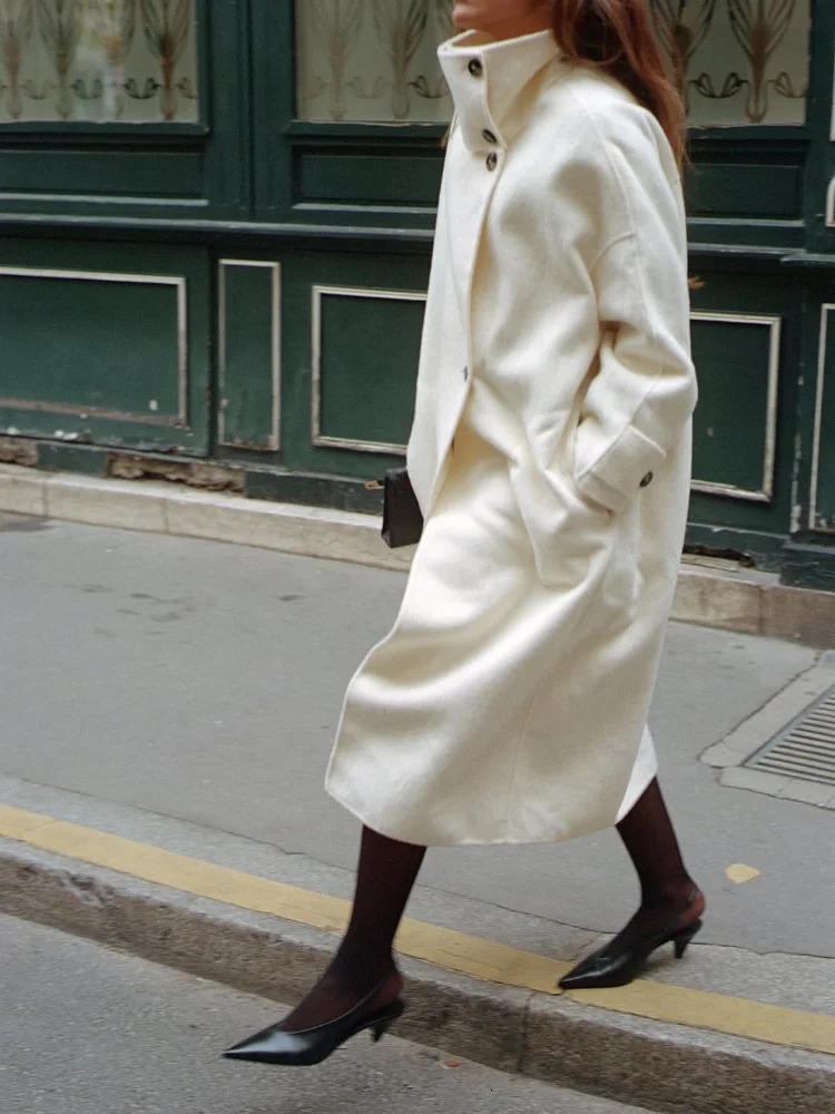 Casual Stand Collar Woolen Women Long Coat Elegant Solid Full Sleeve Single Breasted Female Jacket Autumn Winter Lady Coats 251028