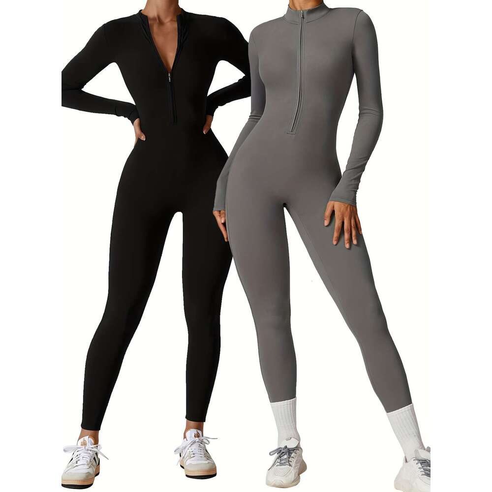 2Pcs Full-Zip Yoga Jumpsuits Full-Body Workout Bodysuits With Full-Length Zipper, High-Elasticity Full-Coverage Gym Suits For Dance, Cycling, Gymnasti