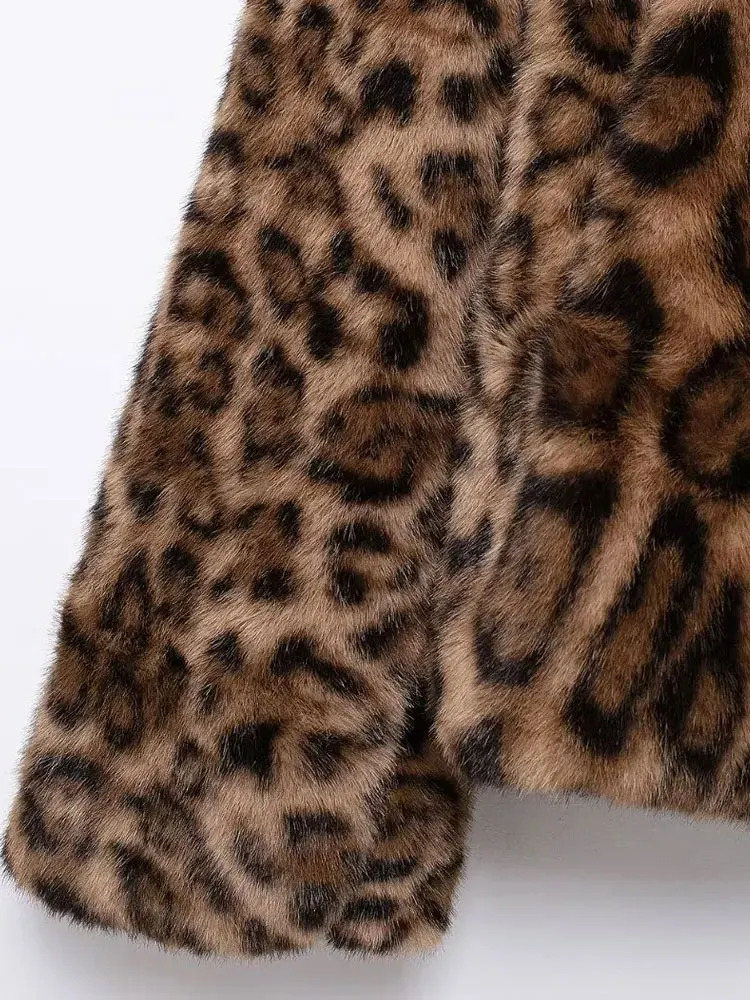 Womens Thick Warm Leopard Faux Fur Jacket Lapel Collar Coat Long Sleeve Female Outerwear Chic Tops Fashion 251028