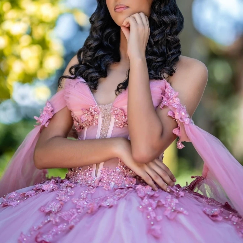 Pink Ball Gown Quinceanera Dresses Off The Shoulder Applique Bow Tull Beads Corset Party Birthday Sweet 16 Dress Vestidos 15 de anos