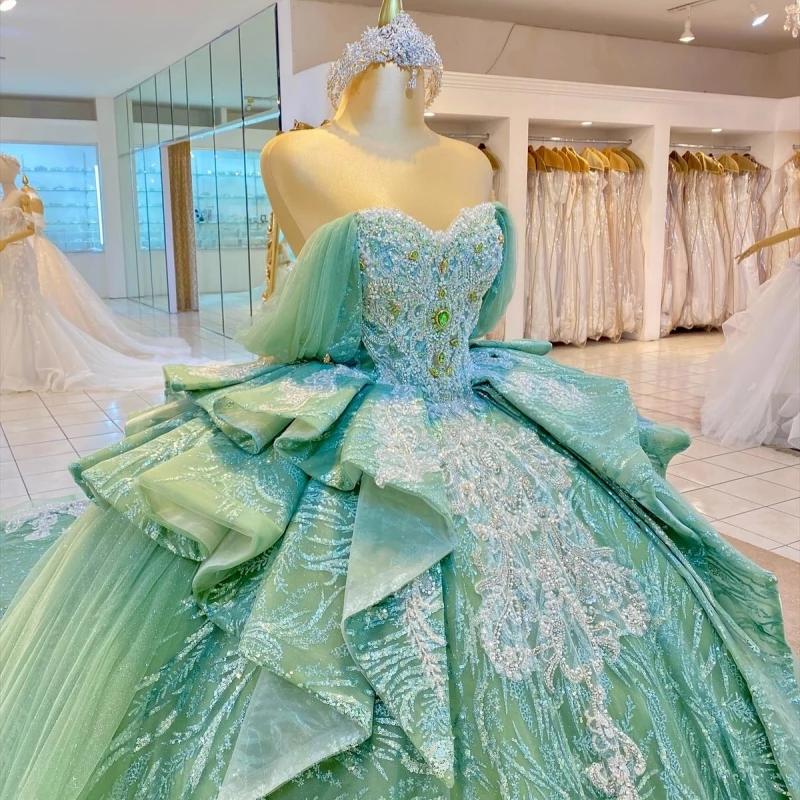 Green Shiny Princess Off the Shoulder Sweet 16 Dress Quinceanera Dresses Applique Beading Tull Party Birthday Vestidos 15 De