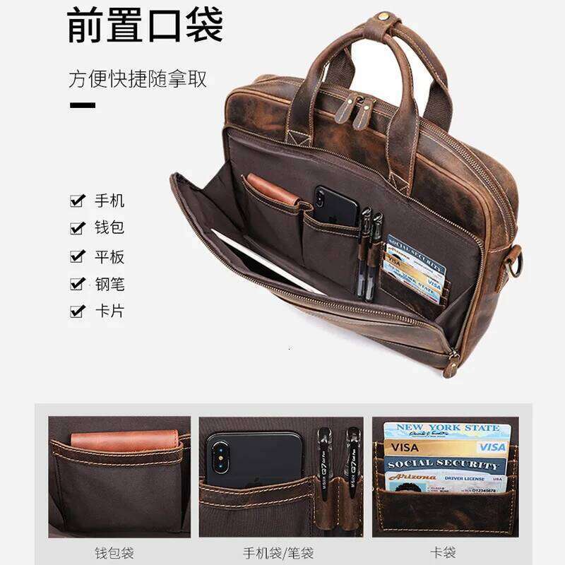 Designer Bags Crazy Horse Single Shoulder Briefcase Multifunctional Cowhide Handbag Genuine Leather Business Commuter Laptop Crossbody Bag For Hot Sel
