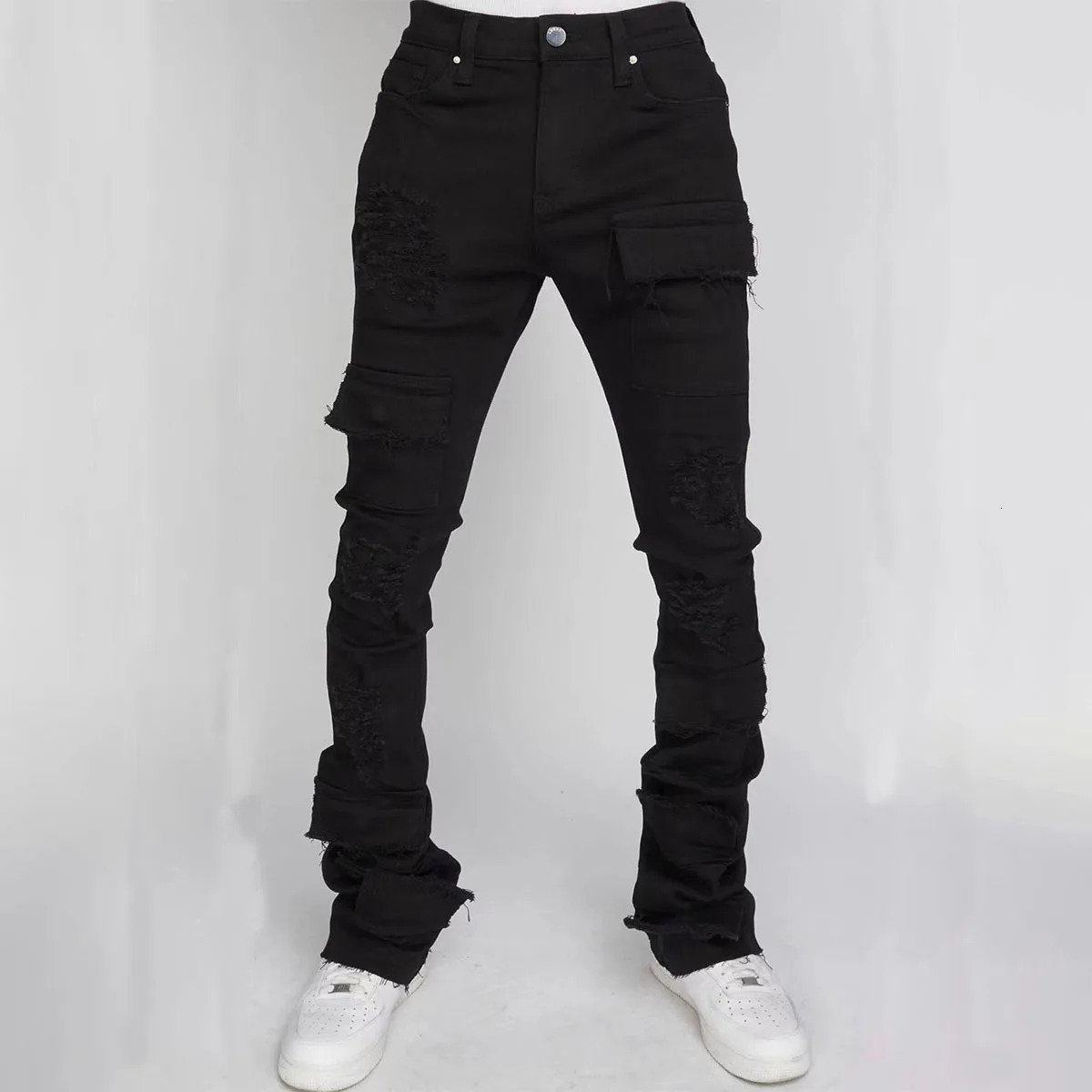 Men Jeans Long Pant Denim Flare Pants Hole Straight Trousers Slim Fit High Waist Casual Button Pocket Splice Autumn Winter 251029