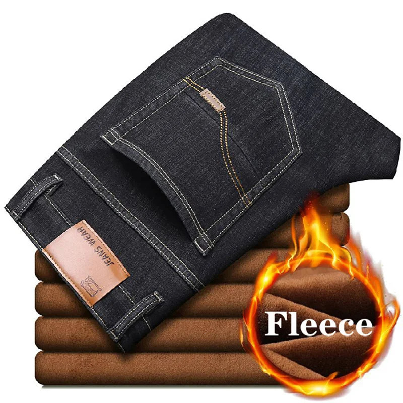 Autumn Winter Warm Flocking Denim Soft Man Activities Fleece Line Men Jeans Black Blue Grey Colors 251029