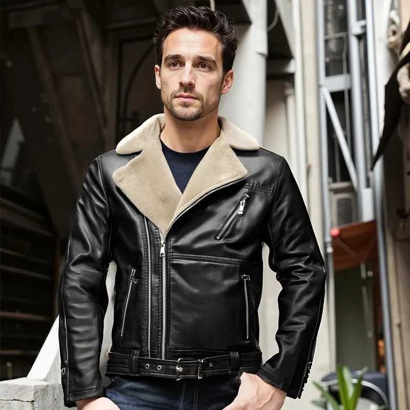Thickfibered fur coat for men Fur leather integrated Washed PU leather jacket for men thick and suitable for motorcycle wearT251029