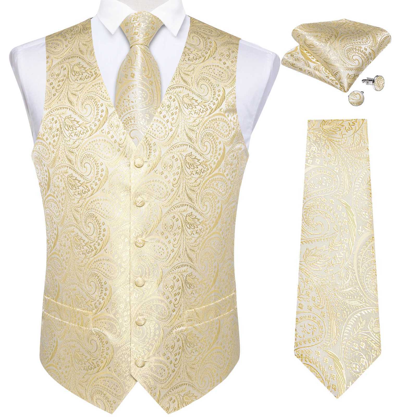 Waistcoat for Men Beige Solid Paisley Silk Suit Vest with 8cm Necktie Pocket Square Cufflinks Wedding Prom Tuxedo Sleeves Jacket W251029