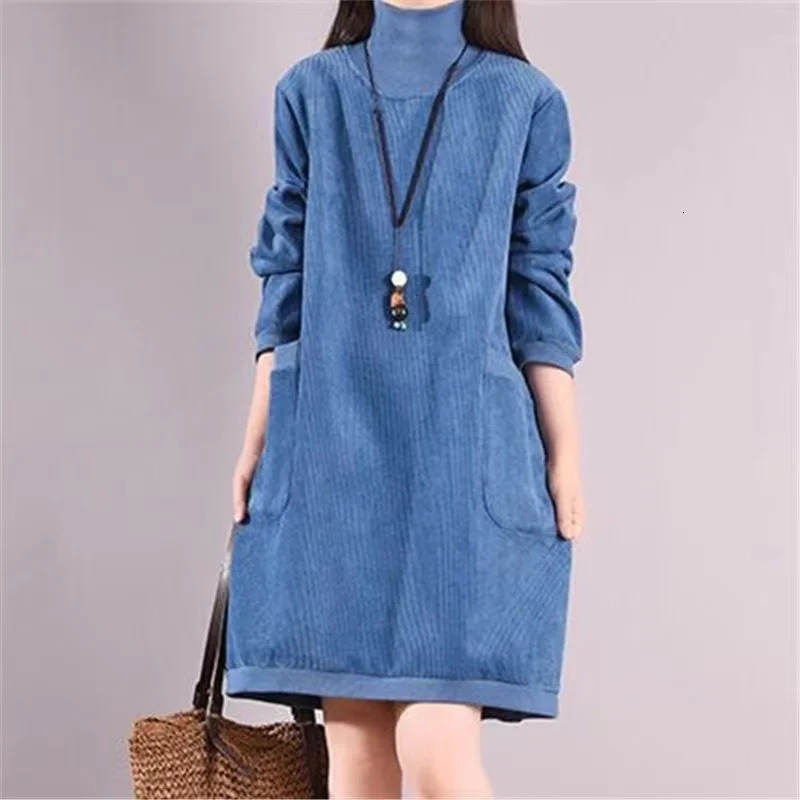 Women Autumn Winter Dress Retro Corduroy Vestidos Add Velvet High Neck Dress MidLength Loose Pullover Sweater Female 251029