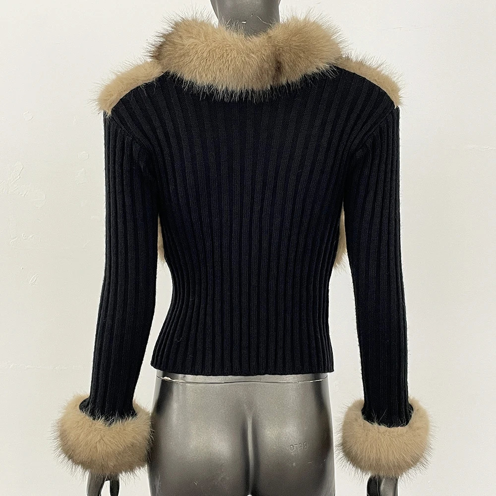 Ecofriendly Sweater Cardigan Women Faux Fur Collar Knitwear Cuddly ner Knitted Autumn Warm Patchwork Clothe 251028