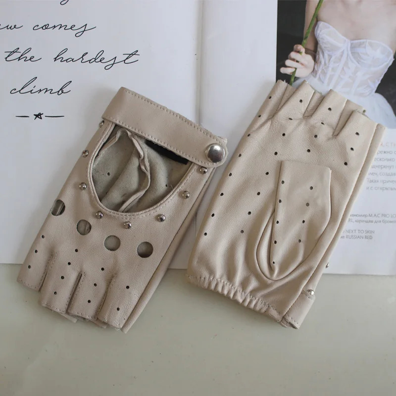 Womens Sheepskin Half Finger Gloves Thin Style Unlined Rivet Colored Genuine Leather Driving 251013