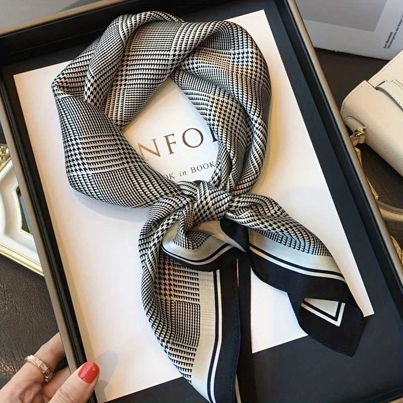 2758 Black Gray Houndstooth Square Scarf Boho Thin Silk Feeling Neck Scarf Professional Decorative Small Scarf For WomenW251029