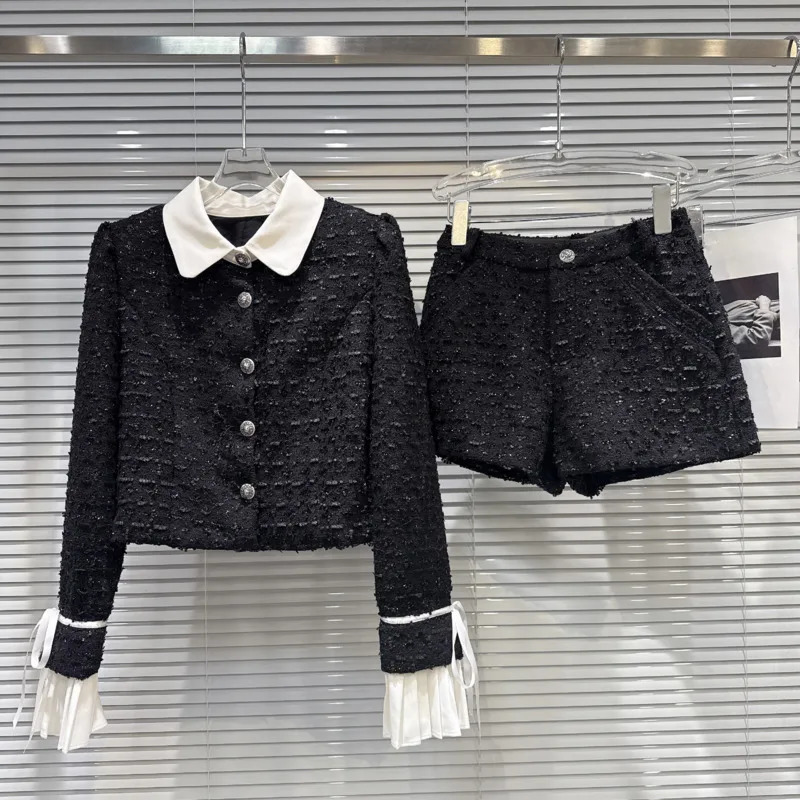 PREPOMP Autumn Contrast Color Collar Bandage Long Sleeve Short Jacket Tweed Shorts Two Piece Set Women Outfits GU939 251029