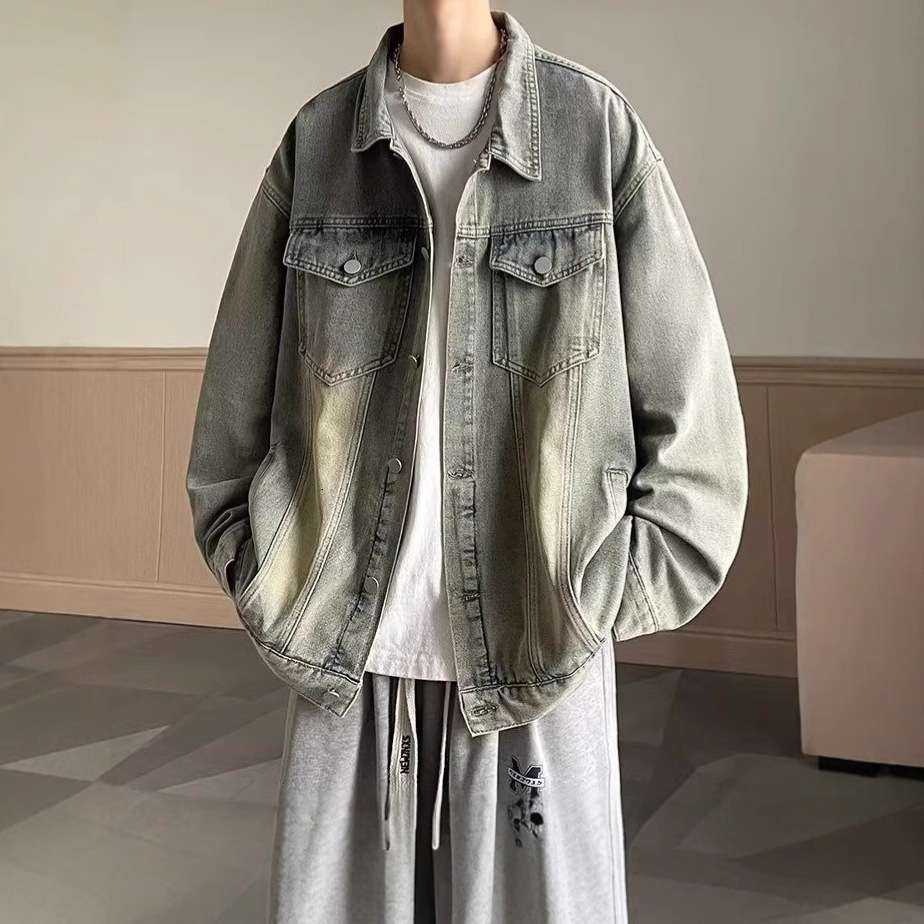 Men's Denim Jacket Spring Autumn Trendy American High Street Jacket Men's Turn-down Designer Jacket Collar Cool Loose Casual Coat Top