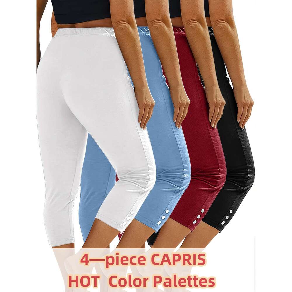 4pcs 7-inch High Waist Capri Leggings Women, Stretchy Comfortable, with Button Decor, Perfect for Yoga, Running & Fiess Workouts - Green, White, Pink,