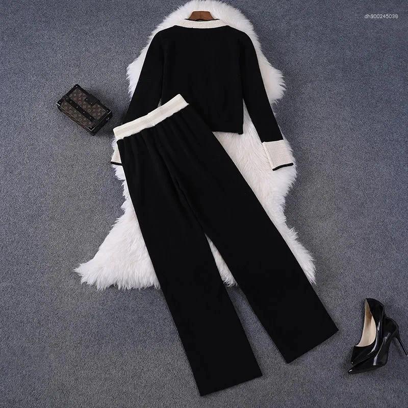 Women's Two Piece Pants Women Knitted Cardigan 2PCS Korean Female Solid Color Two-piece Set Spring Autumn Lady Fashion Leisure Wide Leg