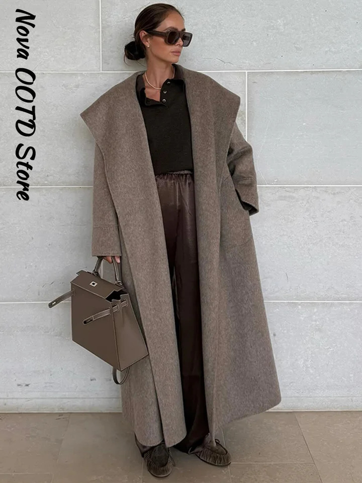 Elegant Shawl Collar Lace Up Long Woolen Coat Women Full Sleeve Belt Lapel Thick Overcoat Autumn Winter Lady Chic Outwear 251028