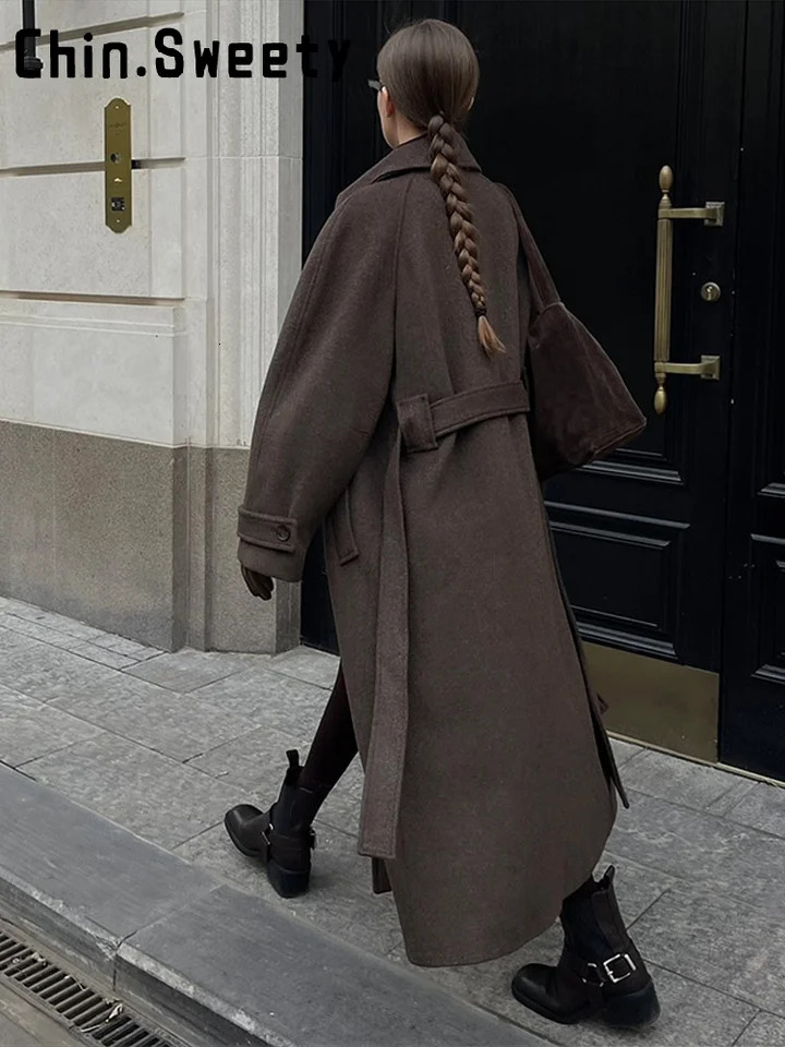 Elegant Brown Lapel Long Woolen Coats Women Stand Collar Hidden Single Breast Lace Up Coat 2025 Autumn Winter Lady Thick Jackets 251029