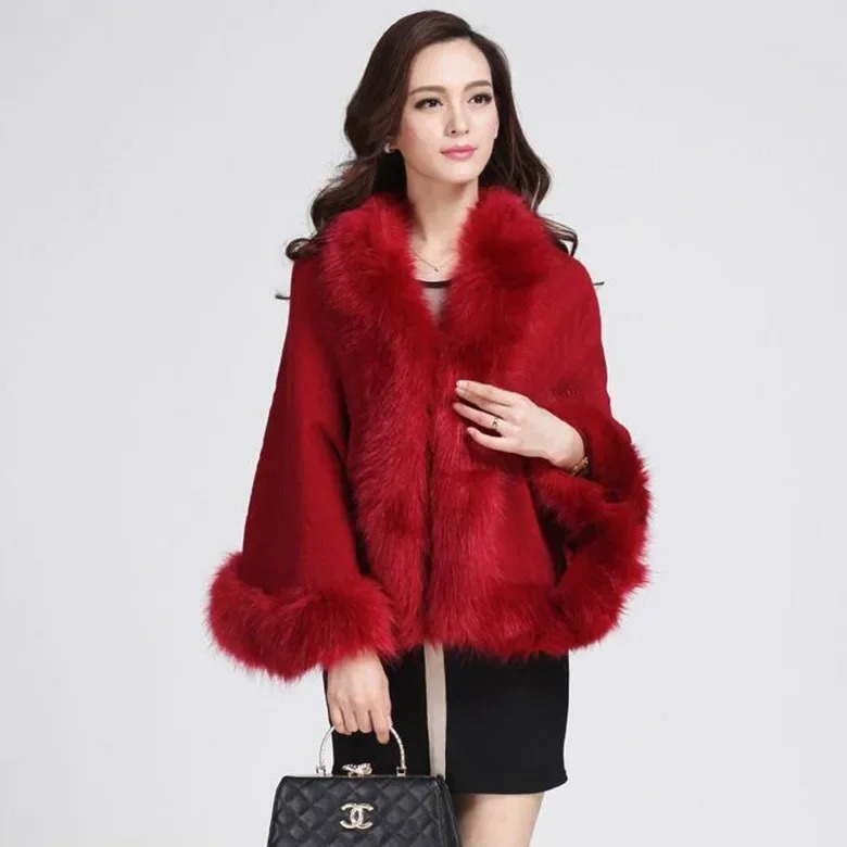 Autumn Winter Female Cloak Fur Cloak Cape Wool Collar Ponchos Women Capes Coffee 251029