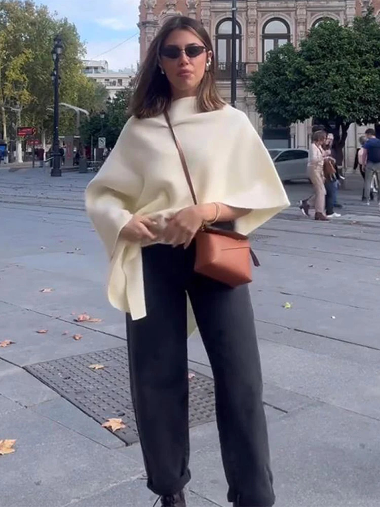 Irregular Draping Knitted Shawl Jumper Knitwear Loose Elegant Cape French Minimalist Cloak Knit Sweater Women Top Spring 251029