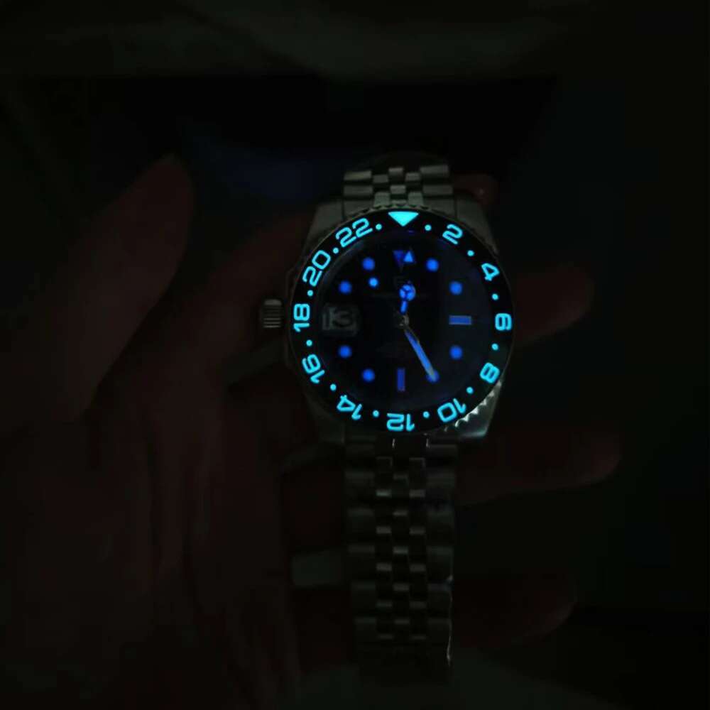 New GMT Full Luminous Men's Fully Automatic Mechanical Watch Stainless Steel Calendar Movement NH34A Wristwatch