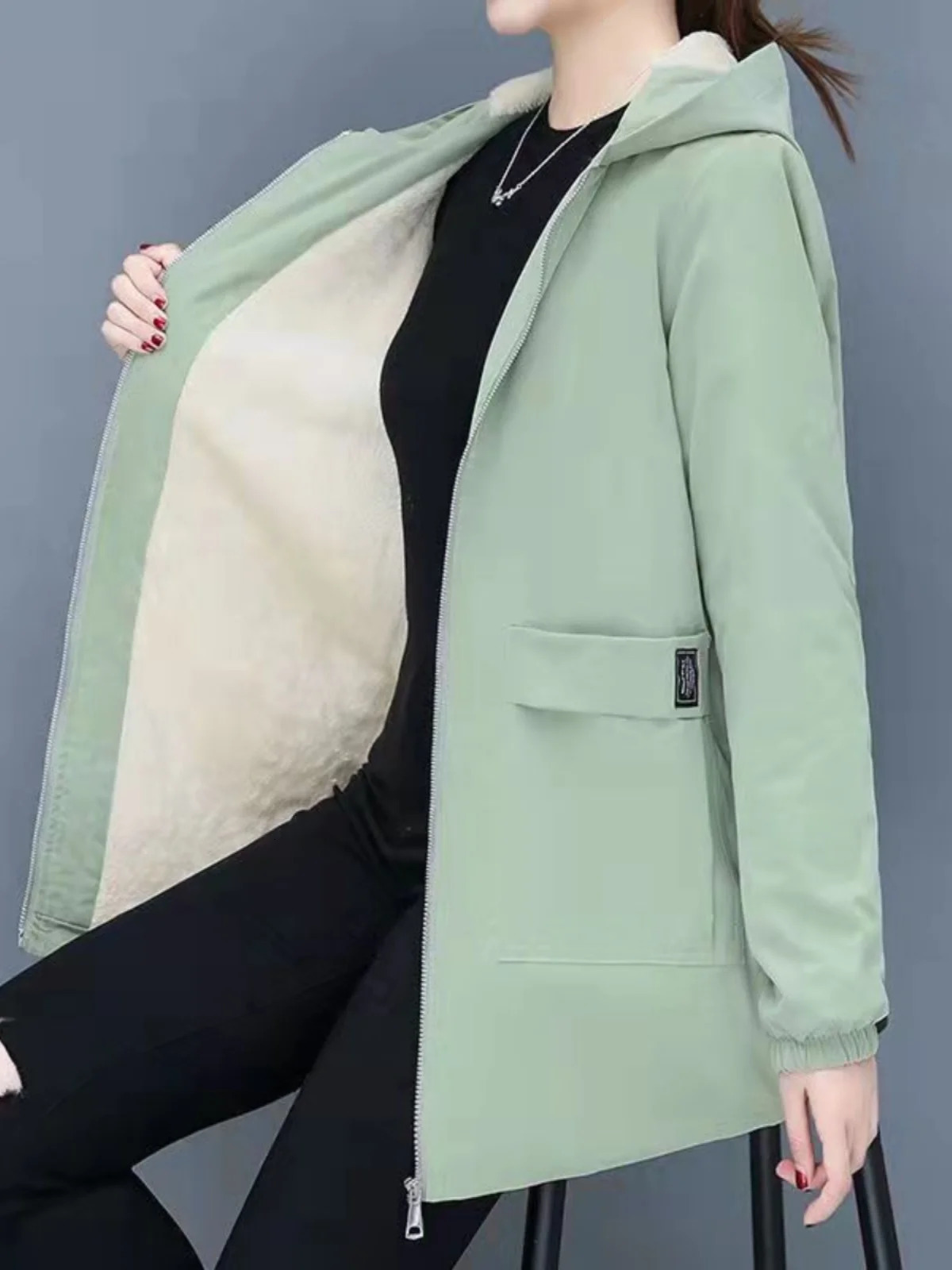 Sli Thiened Fce Womens Coat Autumn Winter Arrival Casual Mom Clothes Long Sve Hooded MidLength Polyester Fiber 251029