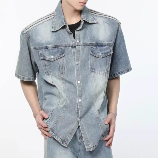 American Style Washed Shoulder Pad Denim Short Designer Jacket Sleeve Shirt For Men And Women Spring Summer Loose Casual Niche Design Denim Jacket