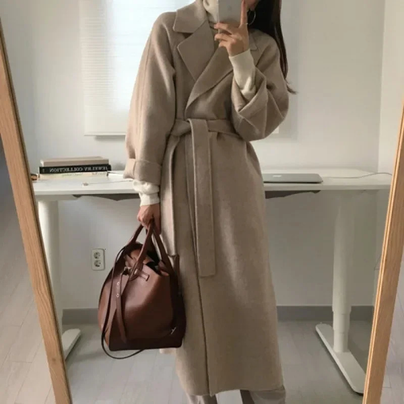 Long Wool Coats Women Midi Waist Lace Up Belt Blends Splice Full Sleeve Cardigan Solid Thick Warm Jackets Straight Winter 251028