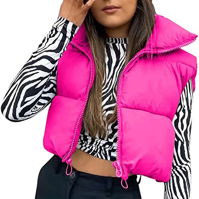 Women Winter Warm Crop Waistcoat Sleeveless Stand Collar Double Sided Lightweight Puffer Vest Streetwear 251029