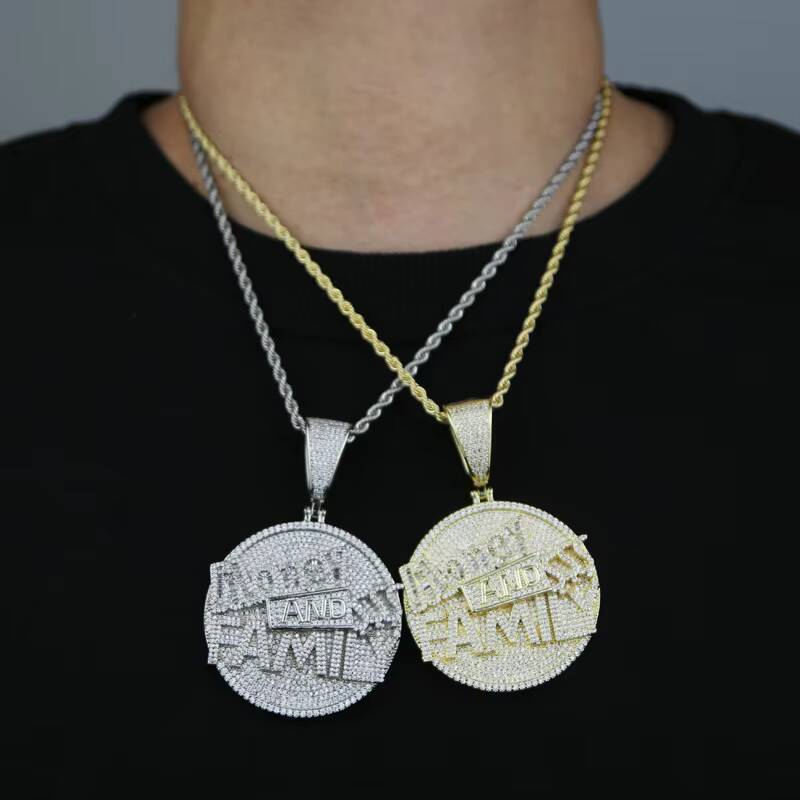 Hip Hop Iced Out Sparking Letter Money and Family Round Charm Bling Cubic Paved Pendant Necklace Men Jewelry