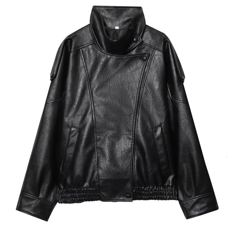 HXAO Black Jacket For Woman Outerwears Faux Leather Long Sleeve In Coats And Jackets Zipper Bomber Motorcycle 251028