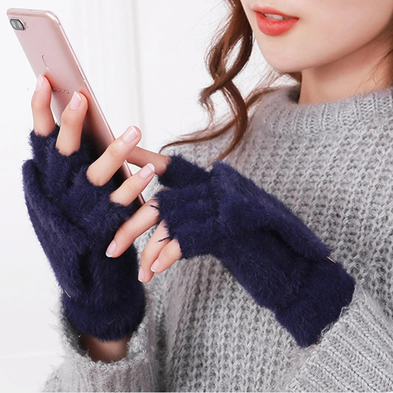 Womens Winter Gloves Warm Plush Student Flip Top Mittens Writing Office Soft Fluffy Outdoor Thick AntiCold HalfFinger Gloves 251029