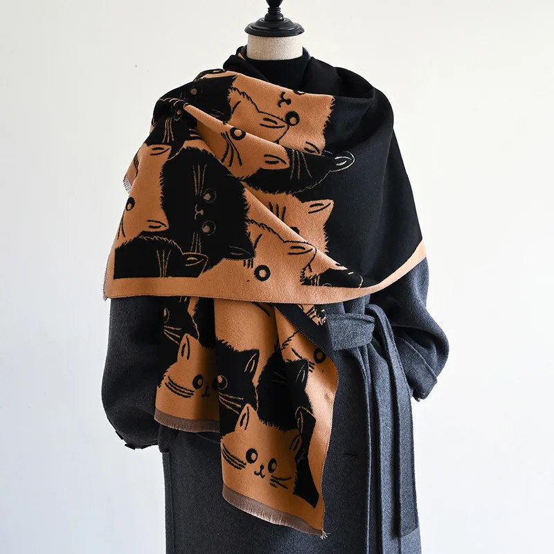Fashion Cute Cat Ladies Jacquard Cashmere Scarf Winter Thick Warmth Shawl Coldproof Windproof Blanket 251013