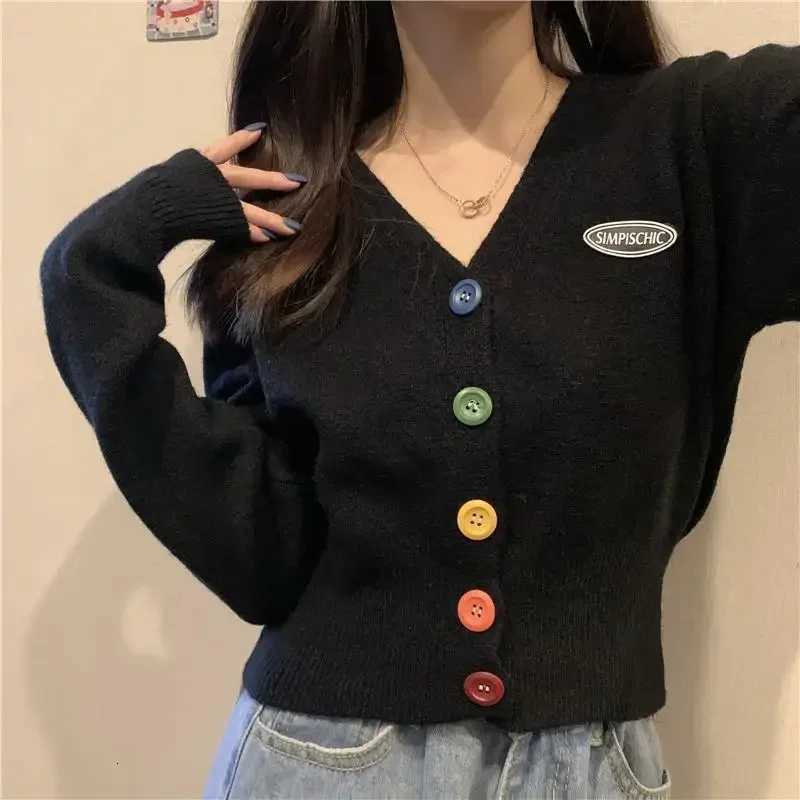 Cardigan for Women Long Sleeve Knitted Sweaters Sweater Cropped Crochet Kawaii V Neck Cardigans Woman Black Tops Cute 2025 TrendT251028