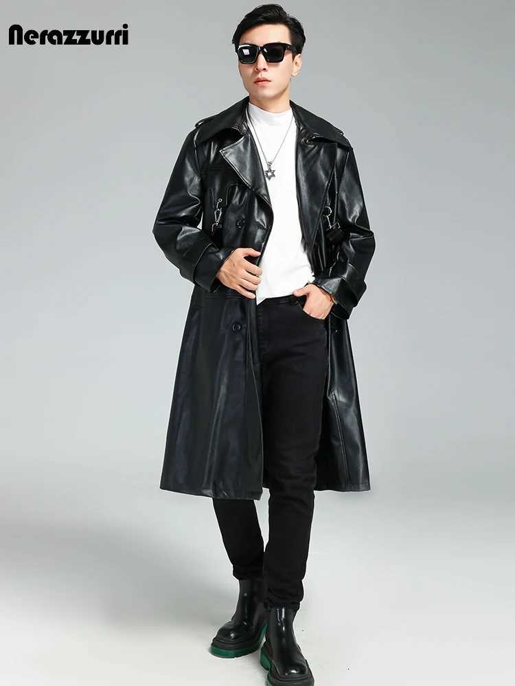 Nerazzurri Autumn Oversized Cool Brown Long Pu Leather Trench Coat Men Double Breasted Luxury Designer Punk Syle Clothes 2023T251029