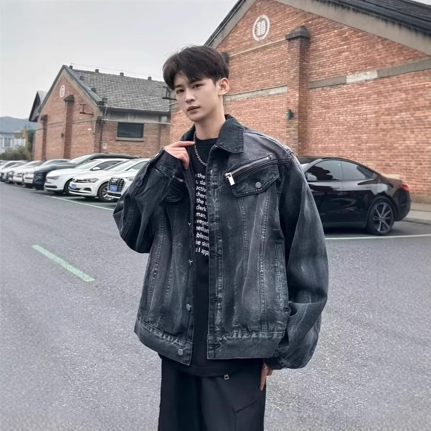 Trendy High Street Tie-dye Denim Jacket For Men American Casual Zipper Designer Jacket Design Cool Loose Workwear Jacket