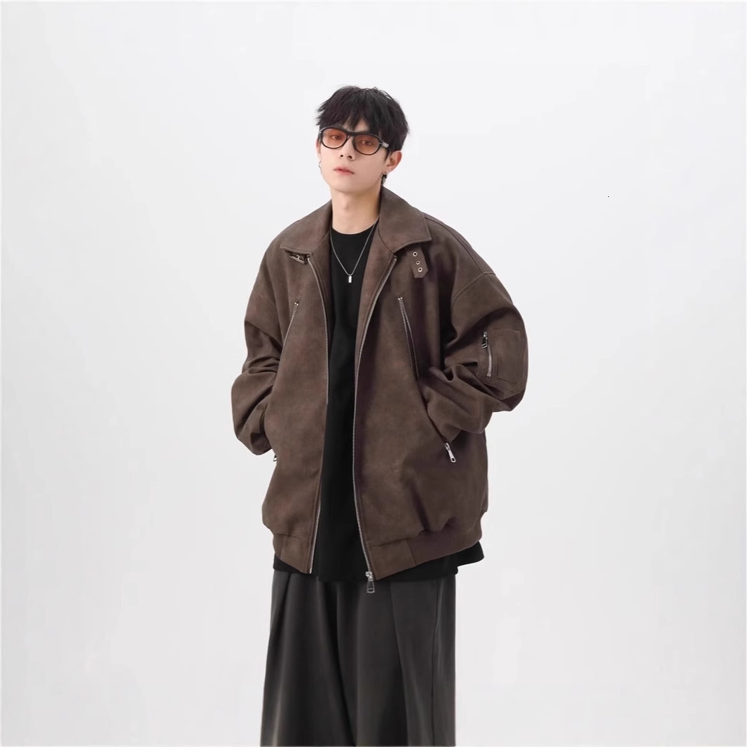 American High Street Unisex Vintage Motorcycle Stand Collar Leather Jacket Men Vintage Designer Jacket Stand Collar Zipper Design Coat