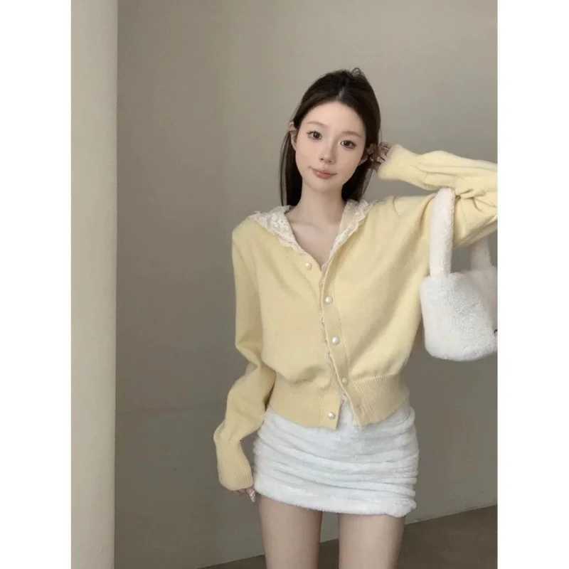 Lace Hooded Long Sleeve Knit Sweater Women Short Casual Top Winter ChicT251028