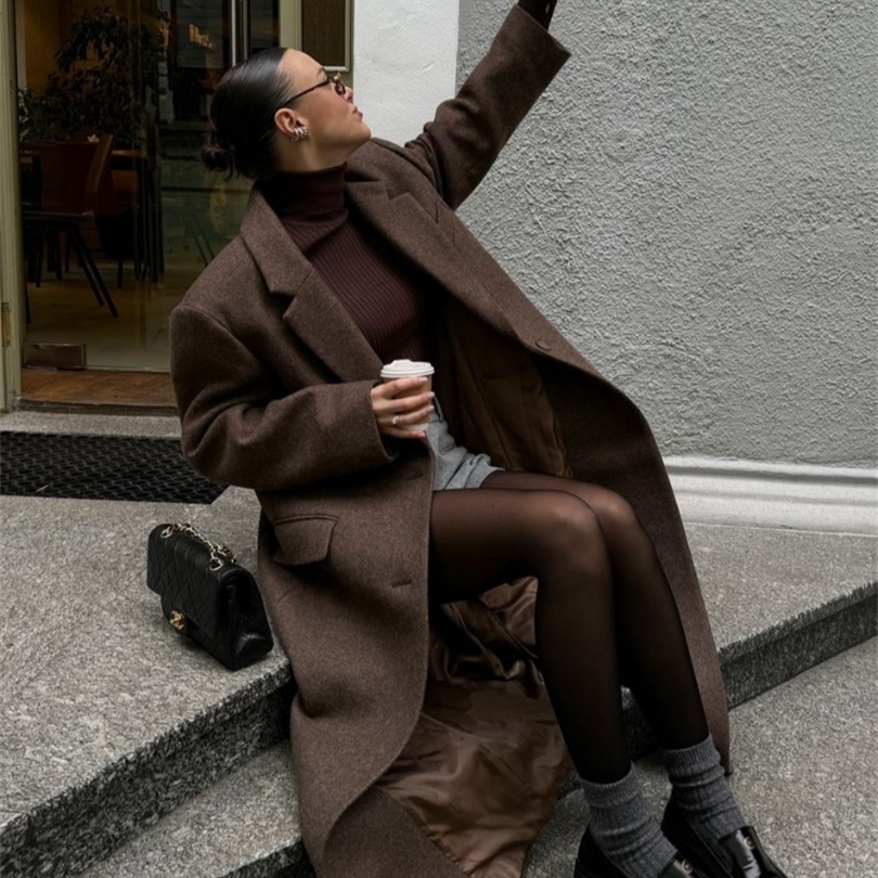 Fashion Shoulder Pad Solid Wool Overcoat Women Elegant Lapel Singlebreasted Long Sleeve Coat Autumn Lady Outwear 251021