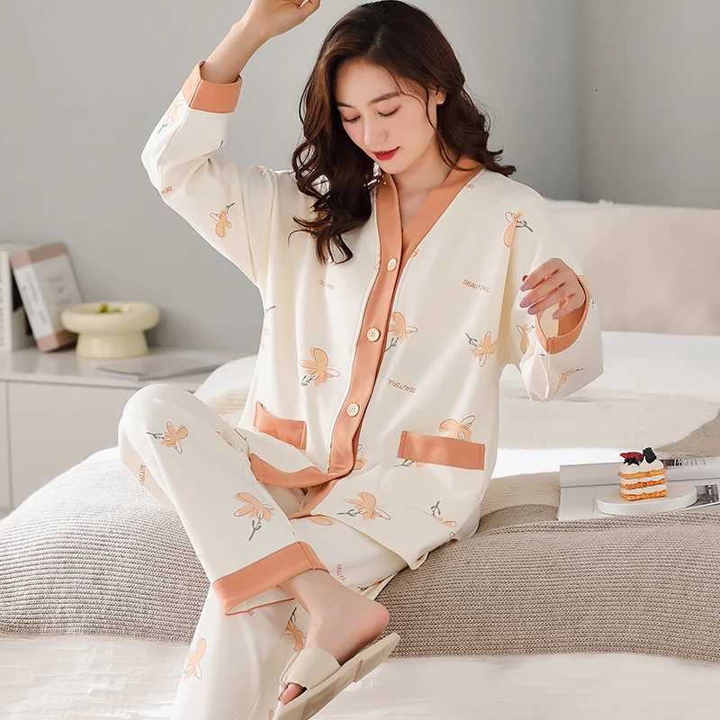 Autumn Women VNeck Pajamas Sets Fashion Print Cotton Female Pyjamas Two Pieces Shirts Pants Nighties Big Yards 5XL SleepwearT251029