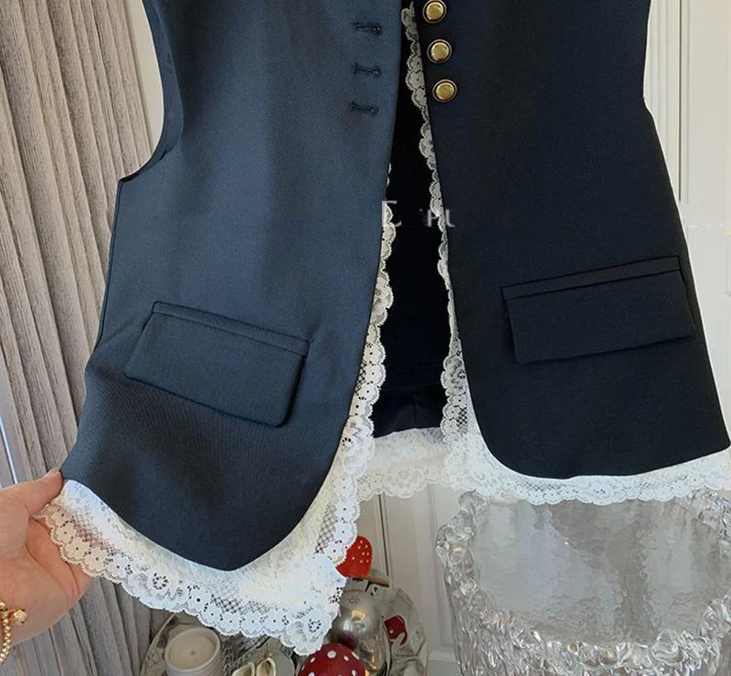 Women Lace Patchwork Vest Korean O Neck Casual Sleeveless Jackets 2025 Female Loose Waistcoat Vintage Chic Tops Women Clothing 251029