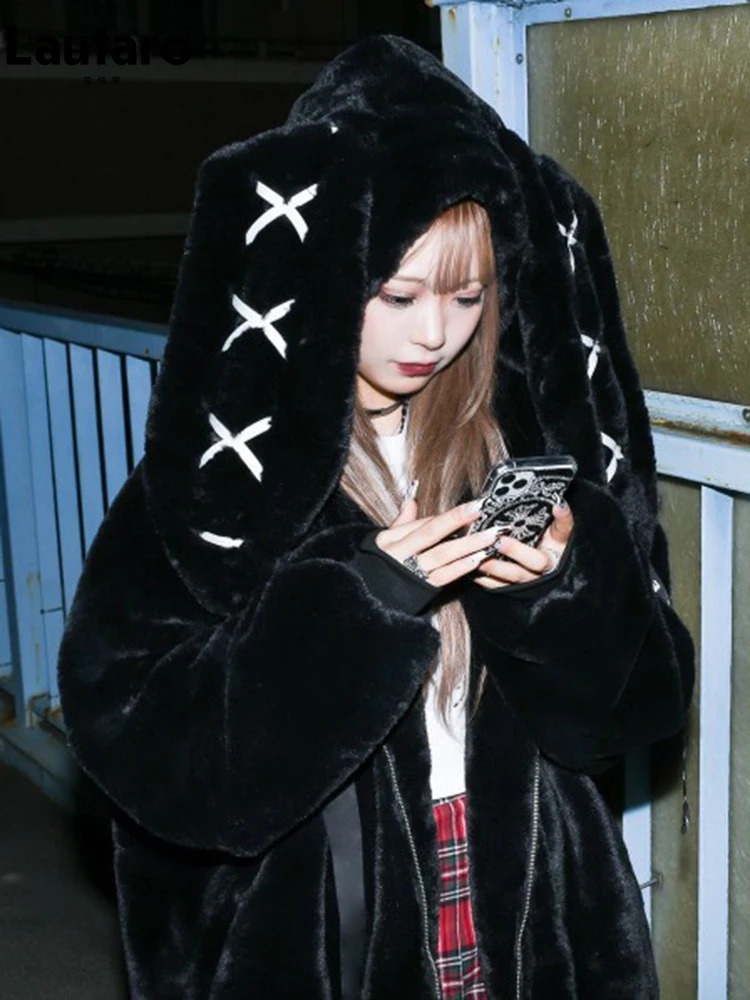 Lautaro Autumn Oversized Sweet Cute Soft Purple Black Faux Fur Coat Women with Bunny Ears Kawaii Loose Fluffy Jacket Hoodie 251029