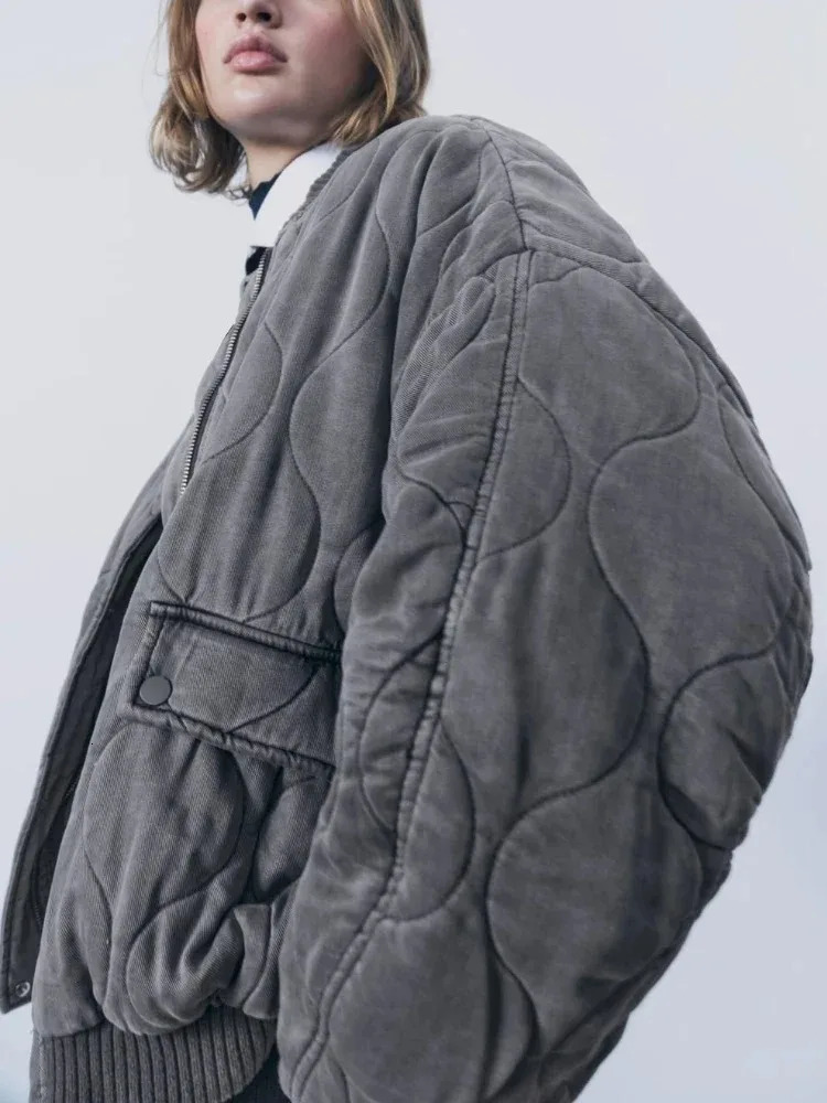 Womens Cotton Round Neck Jacket Coat Warm Loose Zip With Button Grey Fashion Vintage 251017