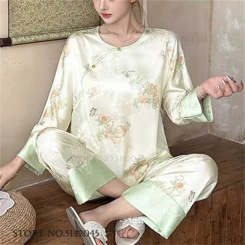 New Chinese Style Women Pajamas Set Loungewear Elegant Print Flower Sleepwear Trouser Suits Loose Silk Satin Homewear PyjamaT251029