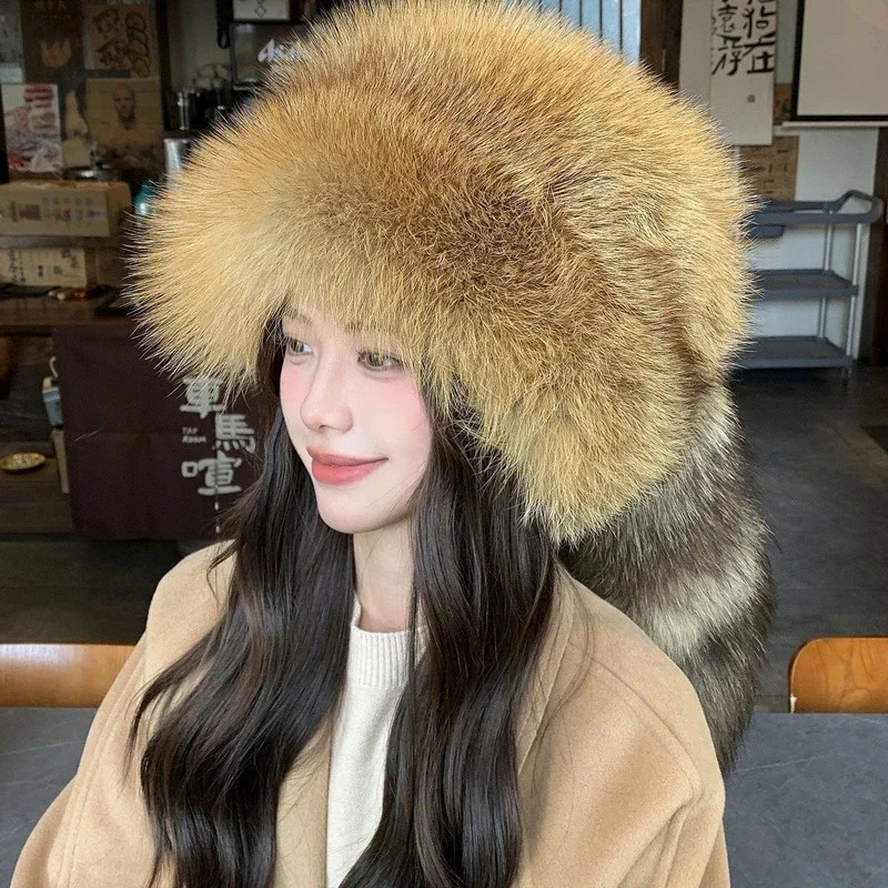 Winter Women Fashion Real Fur Hat Natural Fox Fur Hats Headgear Russian Outdoor Cap Ladies Thicken Warm Fur Caps 251029