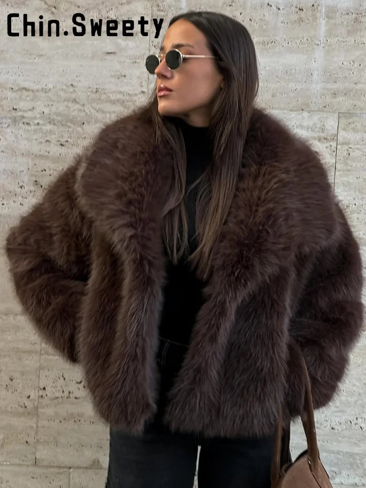 Fashion Solid Faux Fur Coat Women Loose Lapel Full Sleeve Street Outwears Autumn Winter Lady Furry Warm Outwear 251028