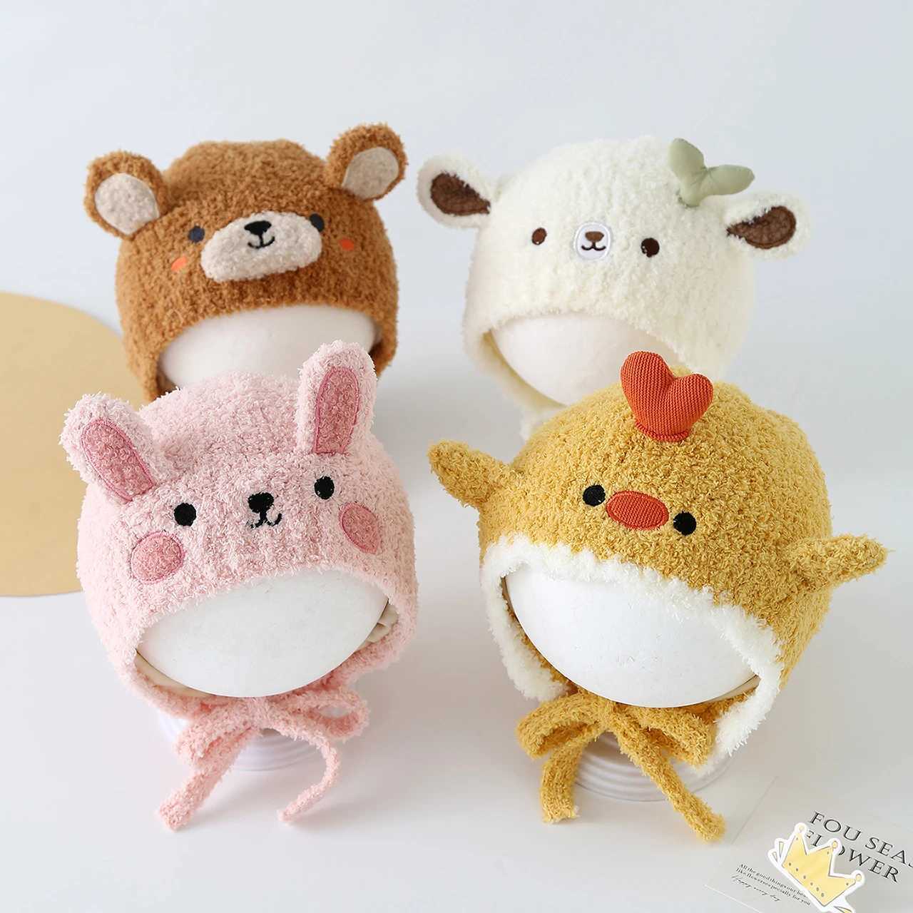 Winter Warm Ear Protection Cap Cute Animal Thicken Kids Lacing Hat Outdoor Coldproof Toddler Knitted Baby Earmuffs Beanie251028