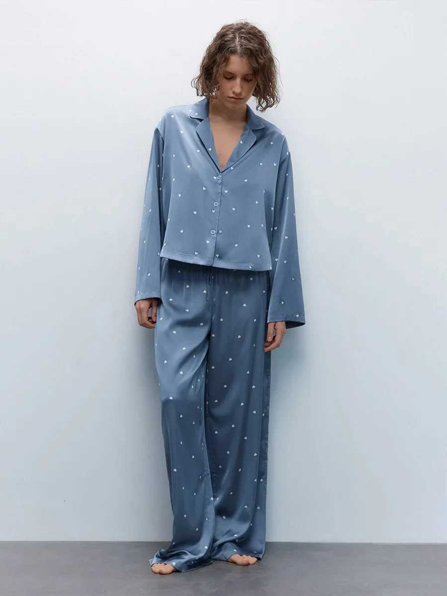 Blubelle Love Printed Pajama Set New Womens Cardigans Long Sleeved Pants Pajamas Loose Comfortable Home Clothes 2piece SetT251029